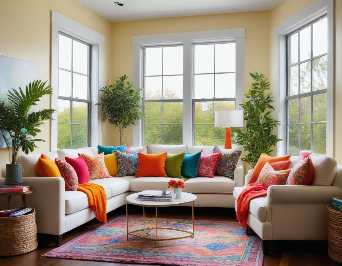 A beautifully decorated living room filled with vibrant plants, colorful throw pillows, and playful wall art, radiating a joyful atmosphere. Include natural light streaming through large windows, highlighting a cozy reading nook. Showcase a blend of modern and eclectic decor to inspire creativity and bliss. super-realistic. vibrant colors. bright and airy.