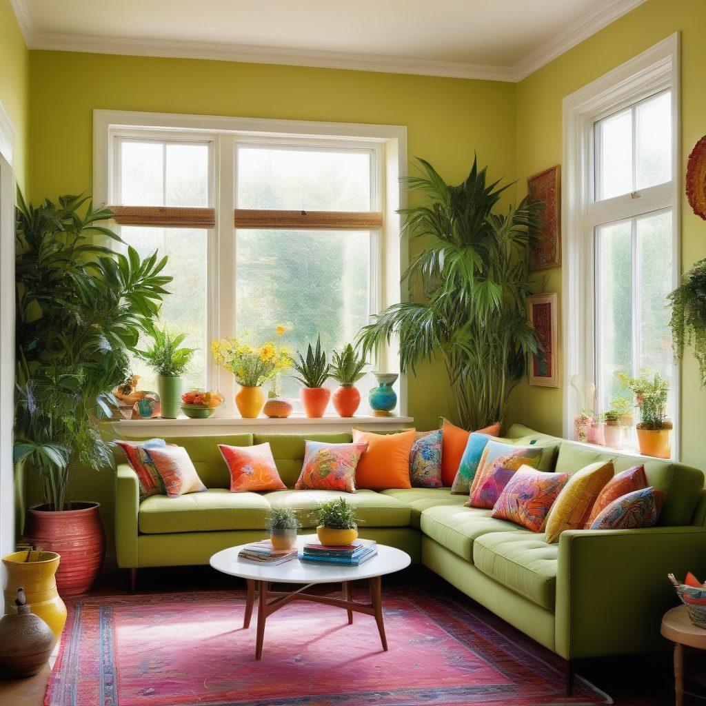 A vibrant, stylish room bursting with color and joyful decor elements like playful cushions, cheerful artwork, and refreshing plants. Include a sun-drenched window that lets in golden light, reflecting a sense of happiness and warmth. Show a variety of textures in textiles and furniture to create an inviting atmosphere. Incorporate whimsical accessories that symbolize celebration and joy. super-realistic. vibrant colors. bright, sunny atmosphere.