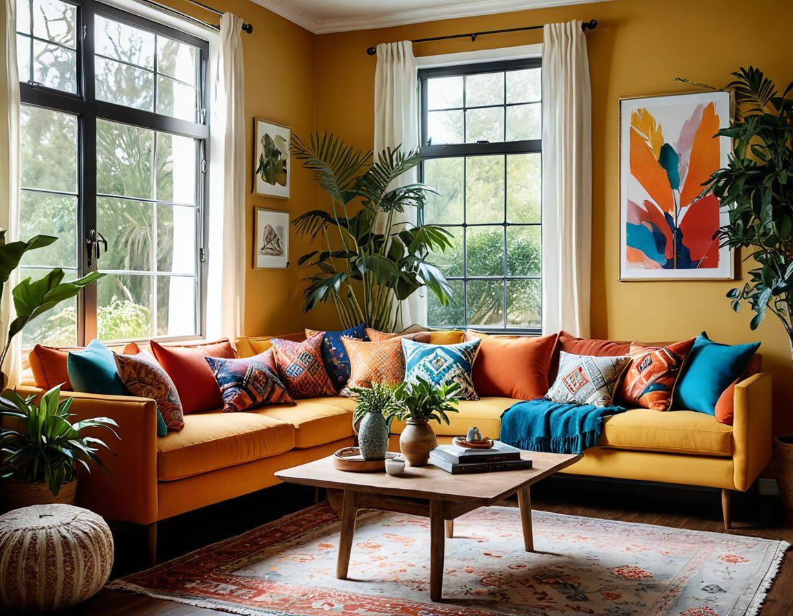 A cozy living room adorned with eclectic decor, showcasing 10 unique design elements like vibrant cushions, colorful wall art, and enchanting indoor plants. Include soft, natural lighting streaming through the windows, highlighting a harmonious blend of modern and bohemian styles. The atmosphere should evoke feelings of joy and comfort, inviting viewers to explore delightful home adornments. super-realistic. vibrant colors. warm tones.